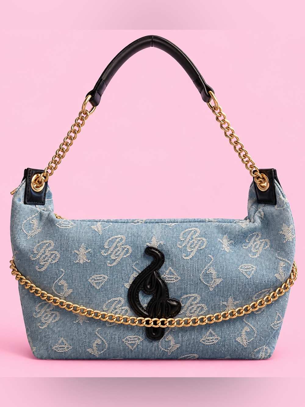Baby Phat Light Blue Denim Shoulder Bag with Gold Chain and Black Trim